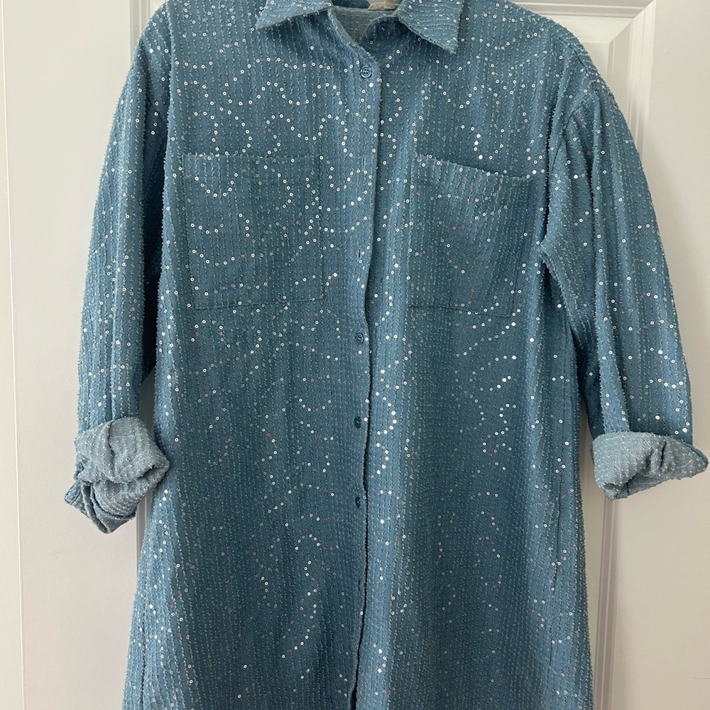 Oversized Sparkly Denim Shirt-Dress